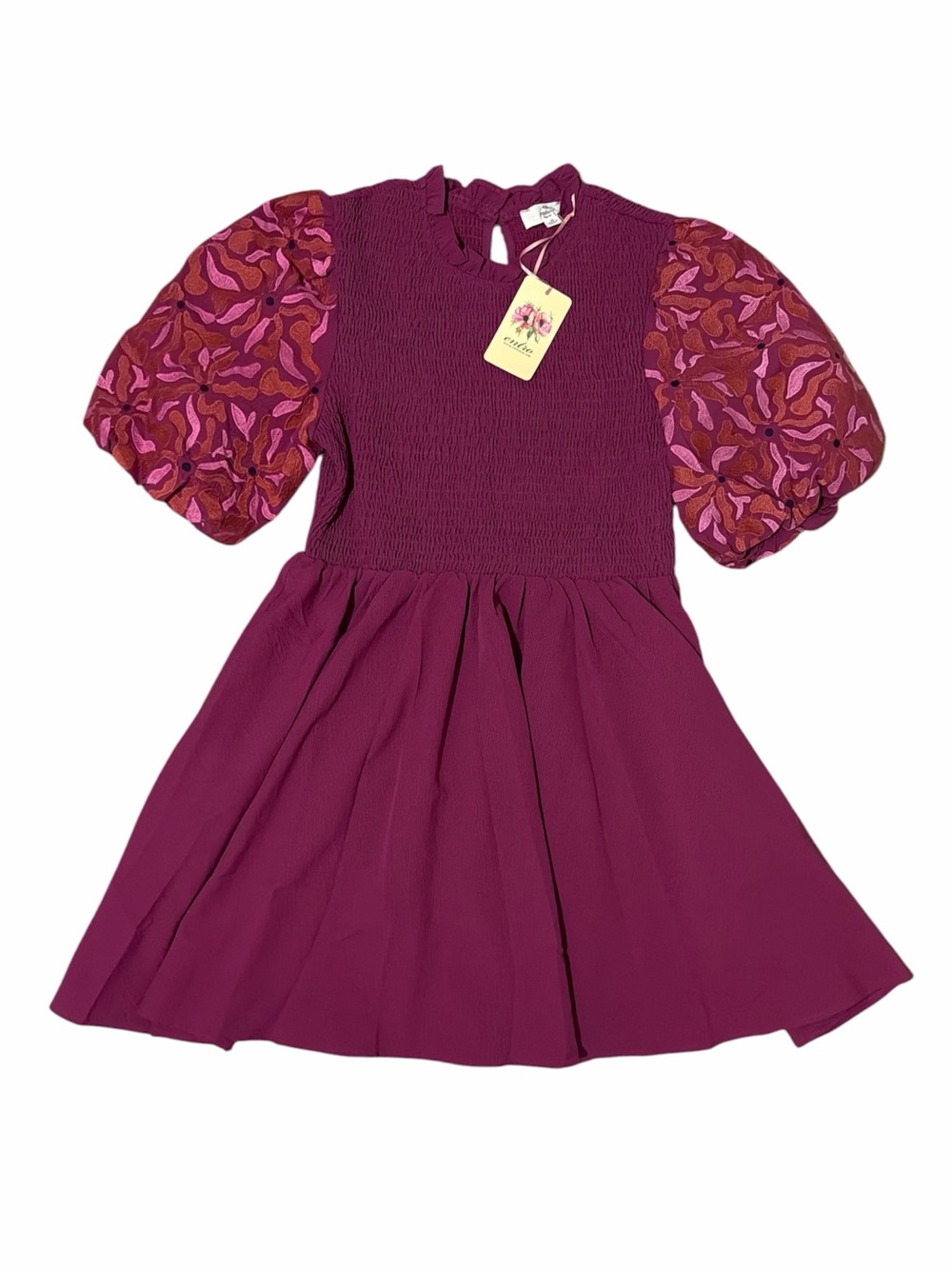 NWT ENTRO Plum Smocked Top with Floral Embroidered Puffy Sleeves